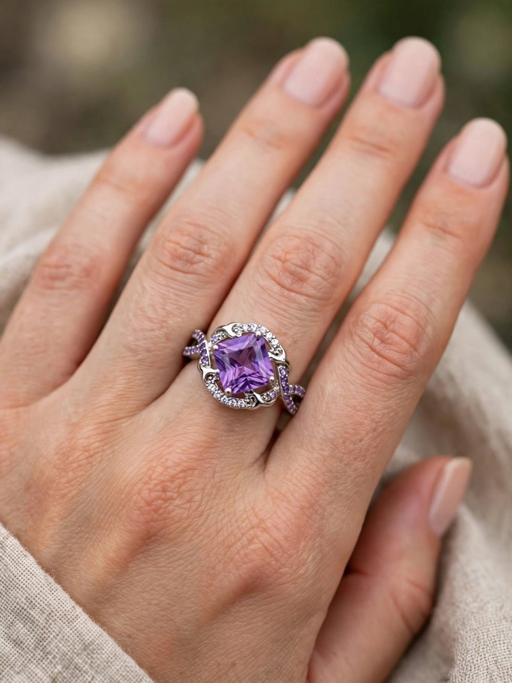 Amethyst Halo Twist Ring - Purple Gemstone Silver Band